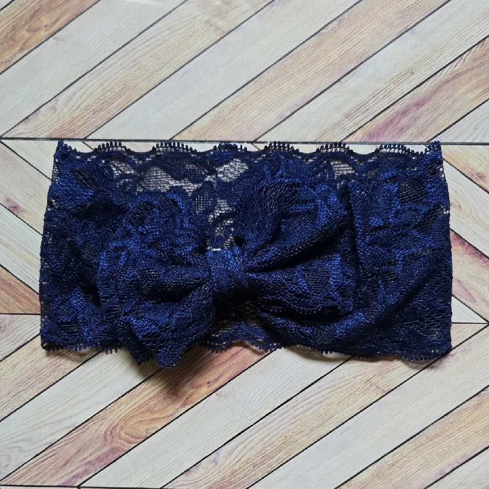 Lace Bowknot Navy Blue White Baby Girl Headbands Elastic Bow Headwrap Hairbands